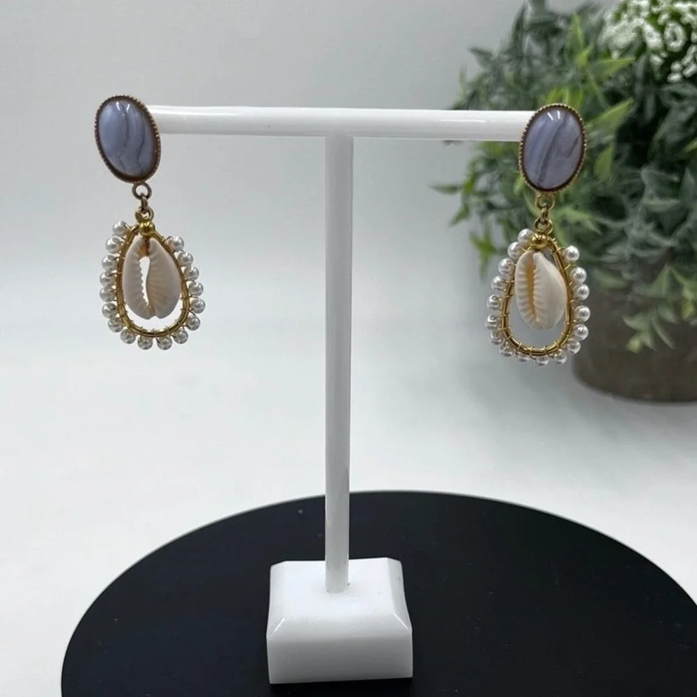Cowrie Shell Blue Stone Faux Pearl Dangle Coastal Boho Beachy Gold Tone Earrings